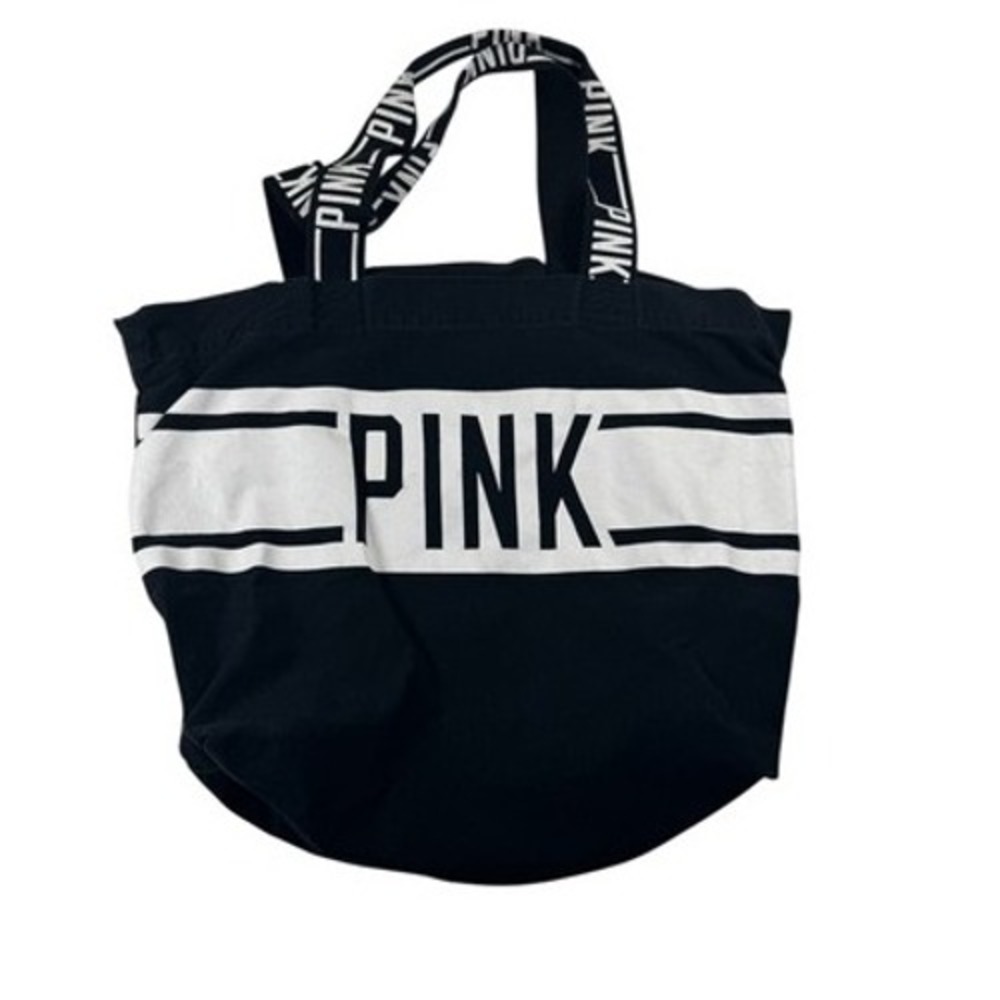 PINK Victoria's Secret Black Tote Bag White Stripe Canvas Shopping‎ Travel